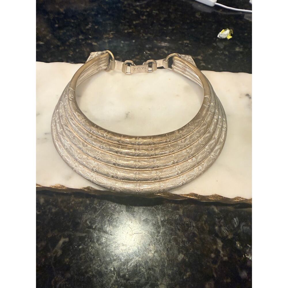 Large Silver Tone Tribal Statement Necklace Chunky Ethnic Bib Collar